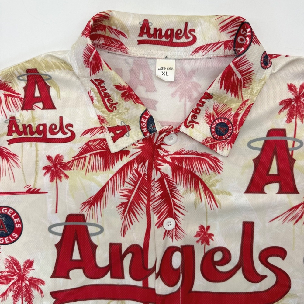 Los Angeles Angels Button Up Men XL White Red Tropical Palm Tree MLB Shirt